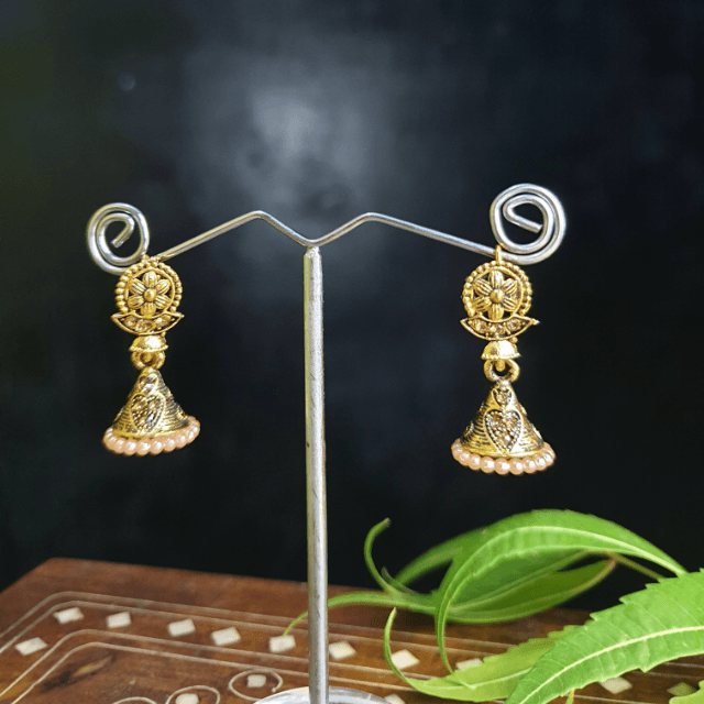 Gold And Peach Beaded Jhumki